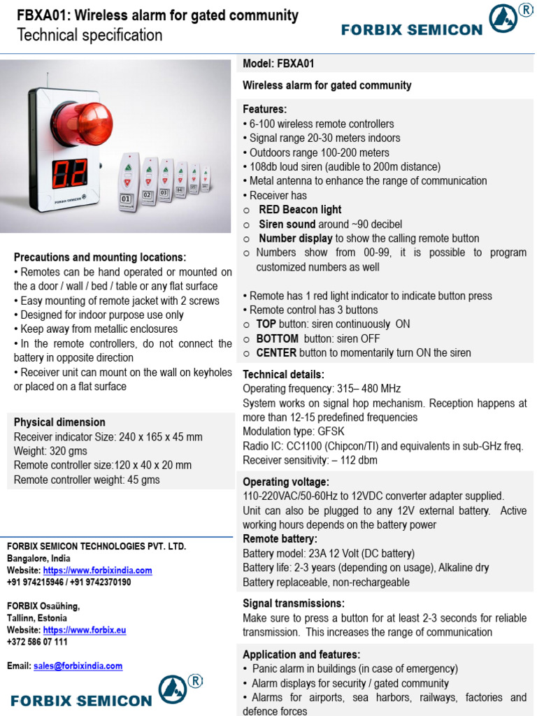 FBXA01 Spec Gated Community Alarm | PDF | Remote Control ...
