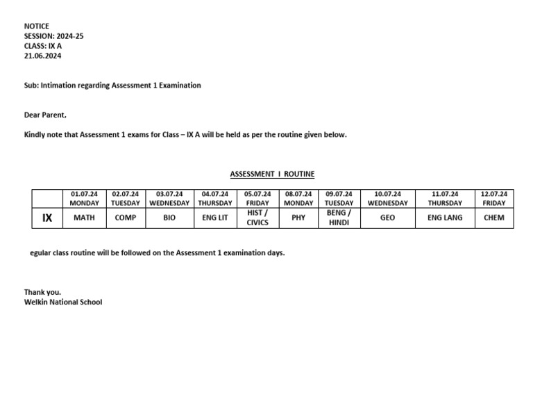 Class IX A Assessment 1 Schedule | PDF