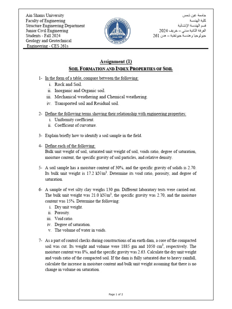 CES 261s - Assignment - 1 - Fall 2024 - Rev0A | PDF | Density | Soil