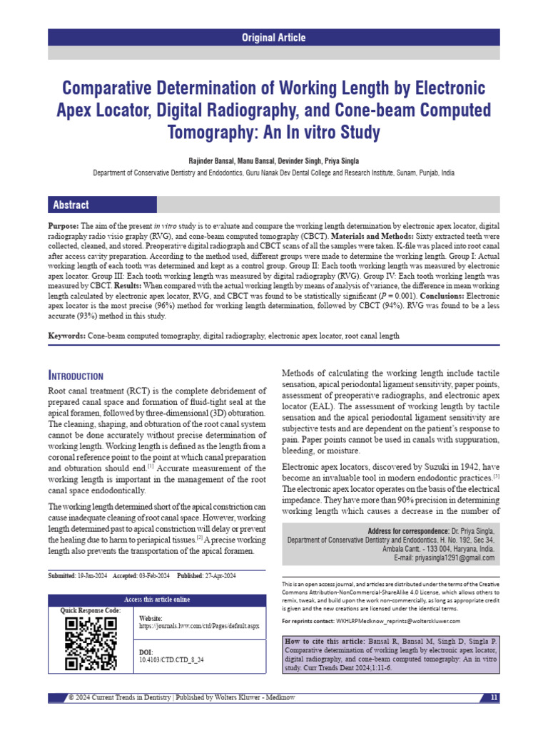 Comparative Determination of Working Length By.4 | PDF | Radiography ...