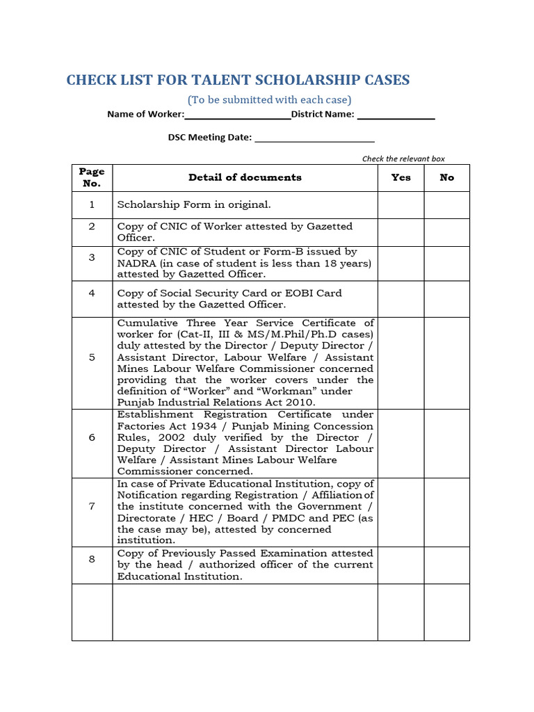 Pwwf Talent Scholarship Grant Checklist Template FilE PDF