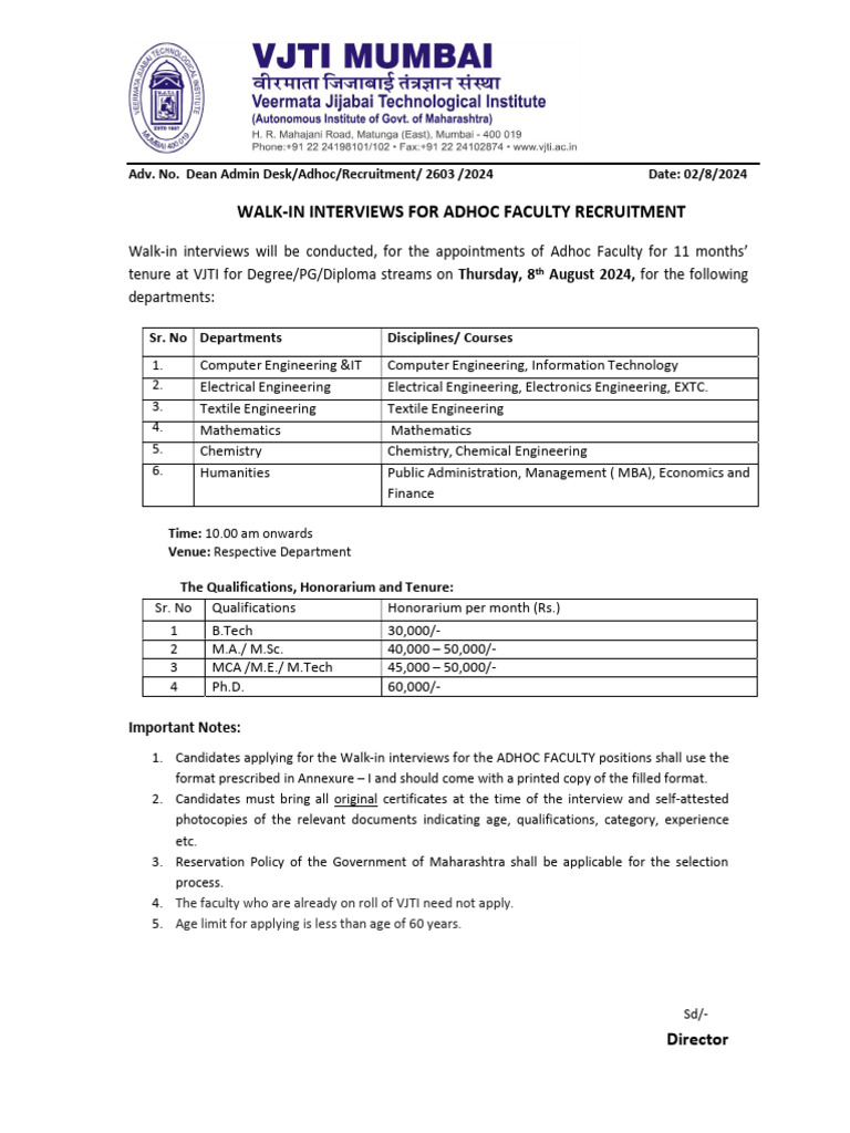 VJTI Adhoc Faculty Walk-in Interviews | PDF | Engineering
