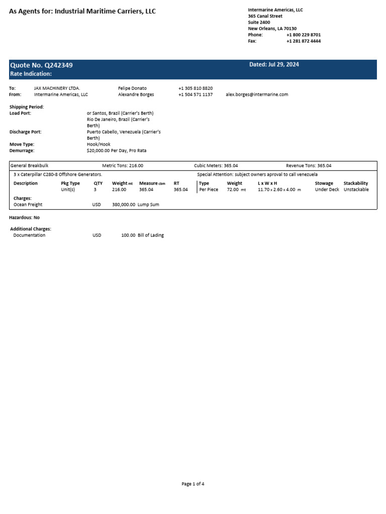 Quote No. Q242349: Dated: Jul 29, 2024 Rate Indication | PDF | Cargo ...