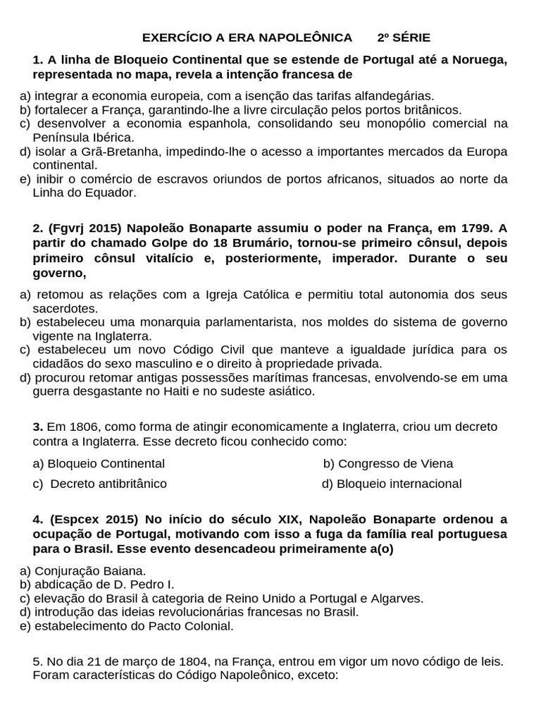 Exercícios sobre a Era Napoleônica | PDF | Napoleão | Primeiro Império ...