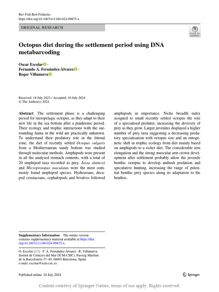 Octopus Diet DNA Study in Settlement | PDF | Polymerase Chain Reaction ...