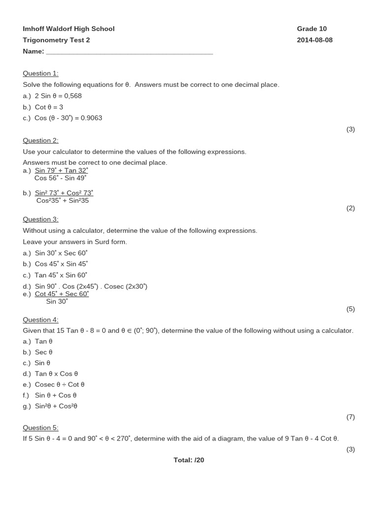 Grade 10 Trigonometry Test 2 | PDF