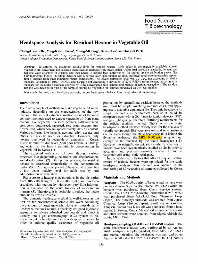 Headspace Analysis For Residual Hexane in Vegetable Oil | PDF