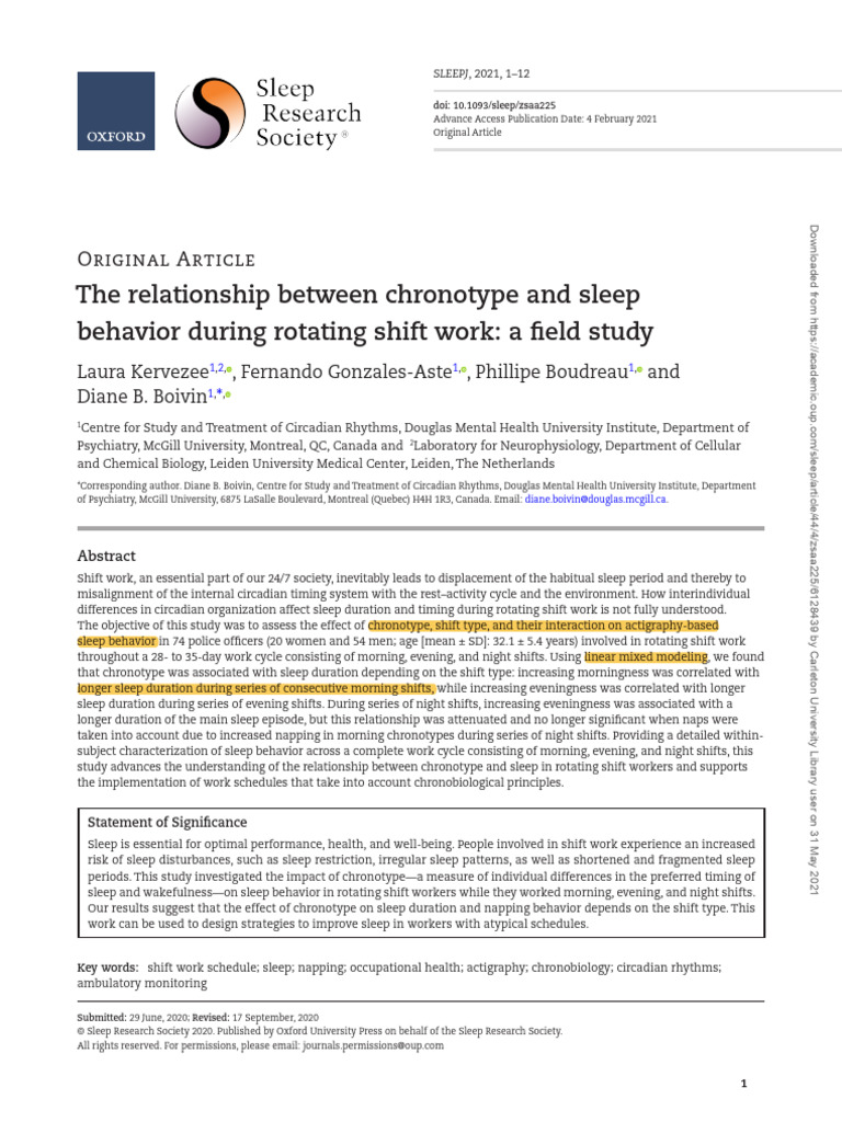 Chronotype Effects on Shift Work Sleep | PDF | Shift Work | Sleep