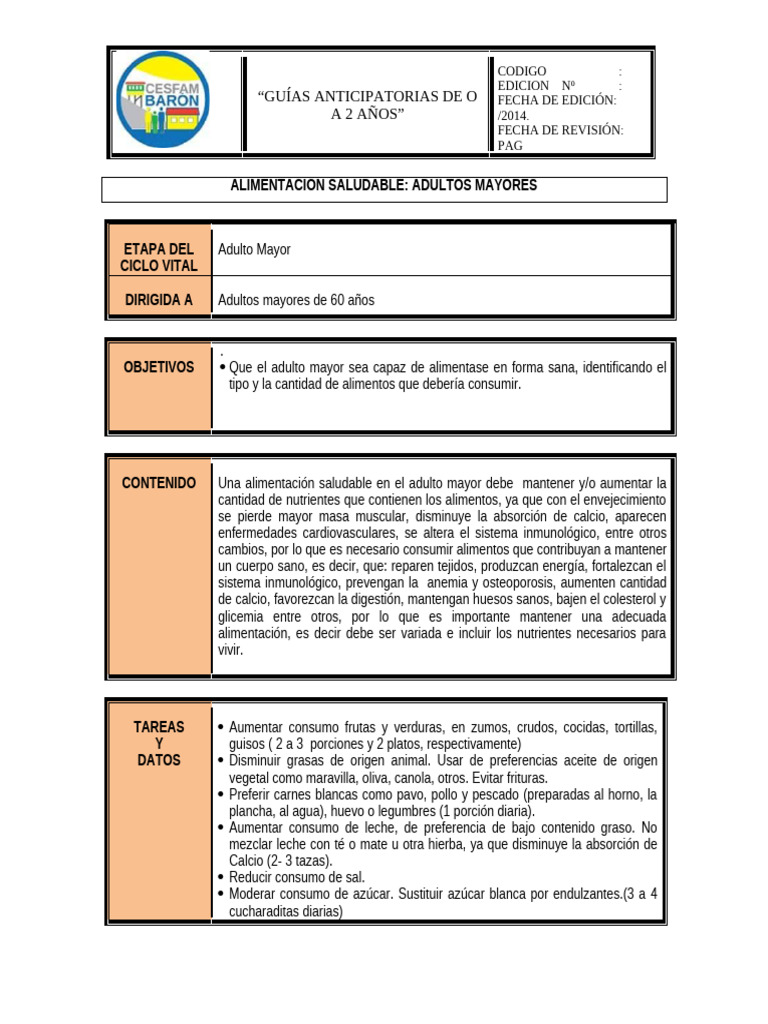Alimentación Saludable para Adultos Mayores | PDF | Alimentos | Dieta ...