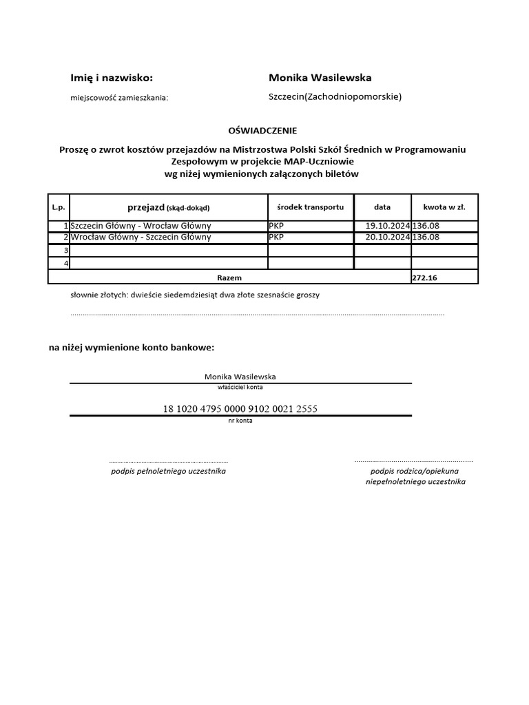 Oświadczenie Zwrot Kosztów Podróży Bilety NR 1 PDF