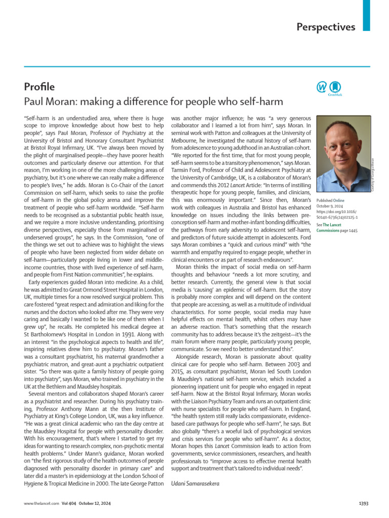 Paul Moran Making A Difference For People Who Sel Pdf Psychiatry