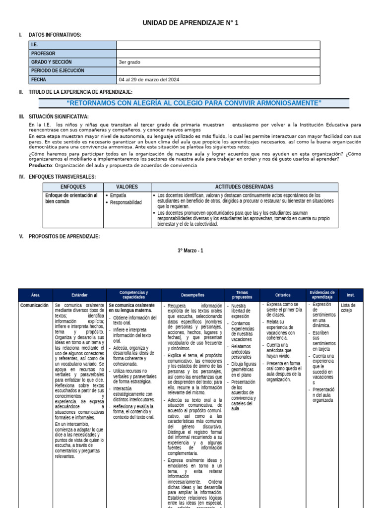 3º Grado - Unidad - de - Aprendizaje - N°01 | PDF | Números | Geometría