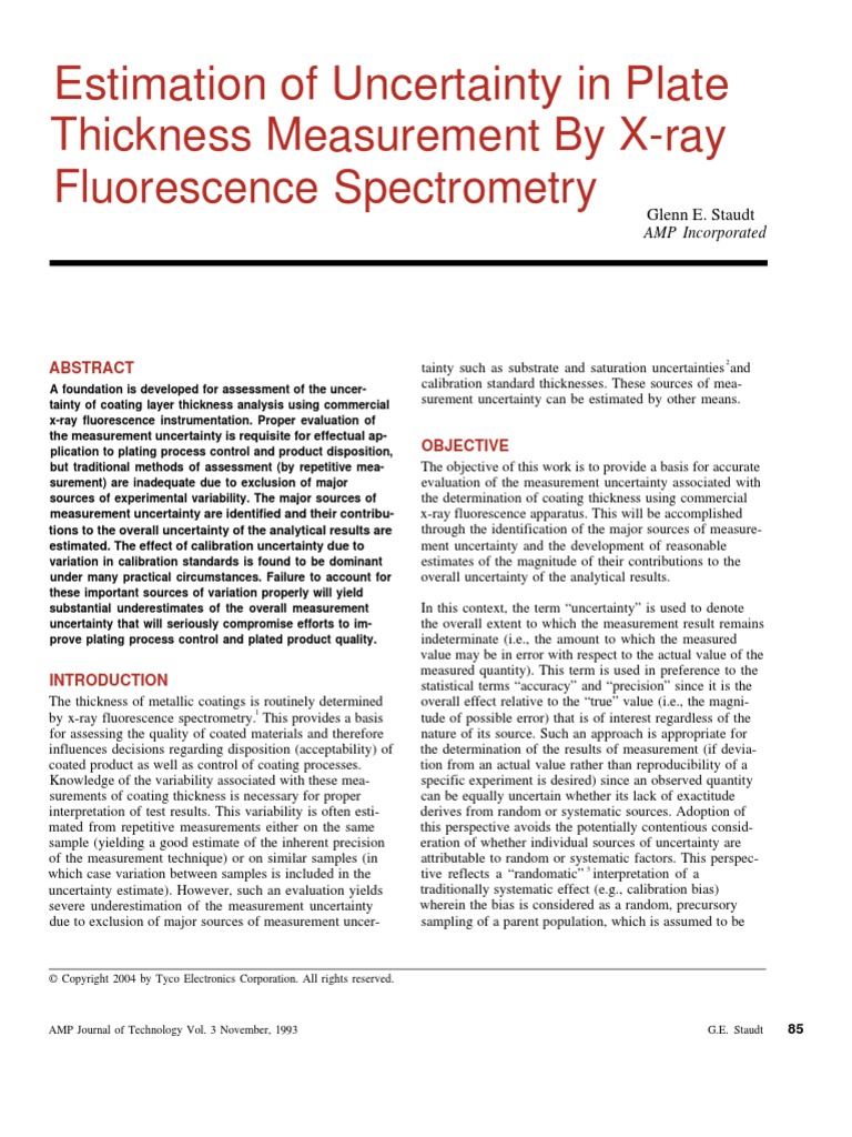 Estimation of Uncertainty in Plate Thickness Measurement by XRay Fluorescence Spectrometry