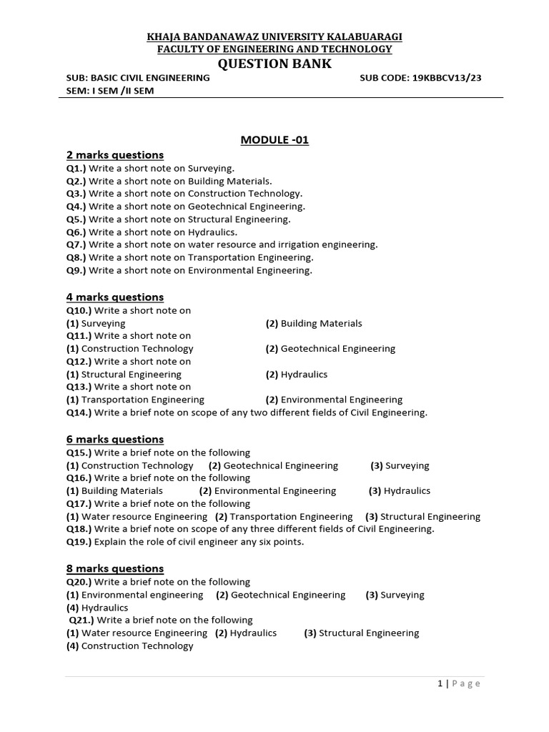Basic Civil Engineering Question Bank | PDF | Rock (Geology) | Force