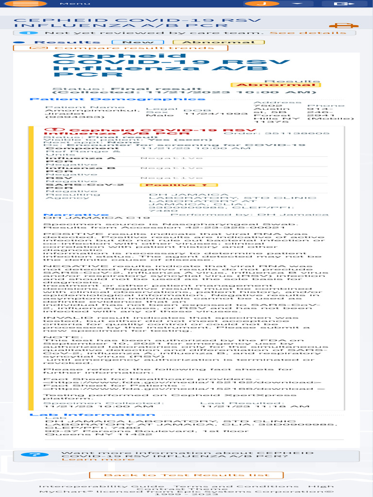 Nyc H H Mychart Test Details Pdf Influenza Infection