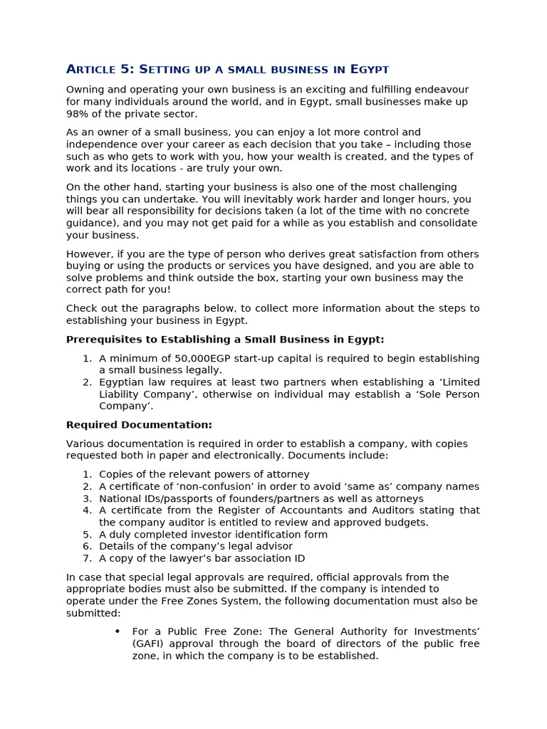 Setting Up a Small Business in Egypt_0 | PDF | Identity Document | Business