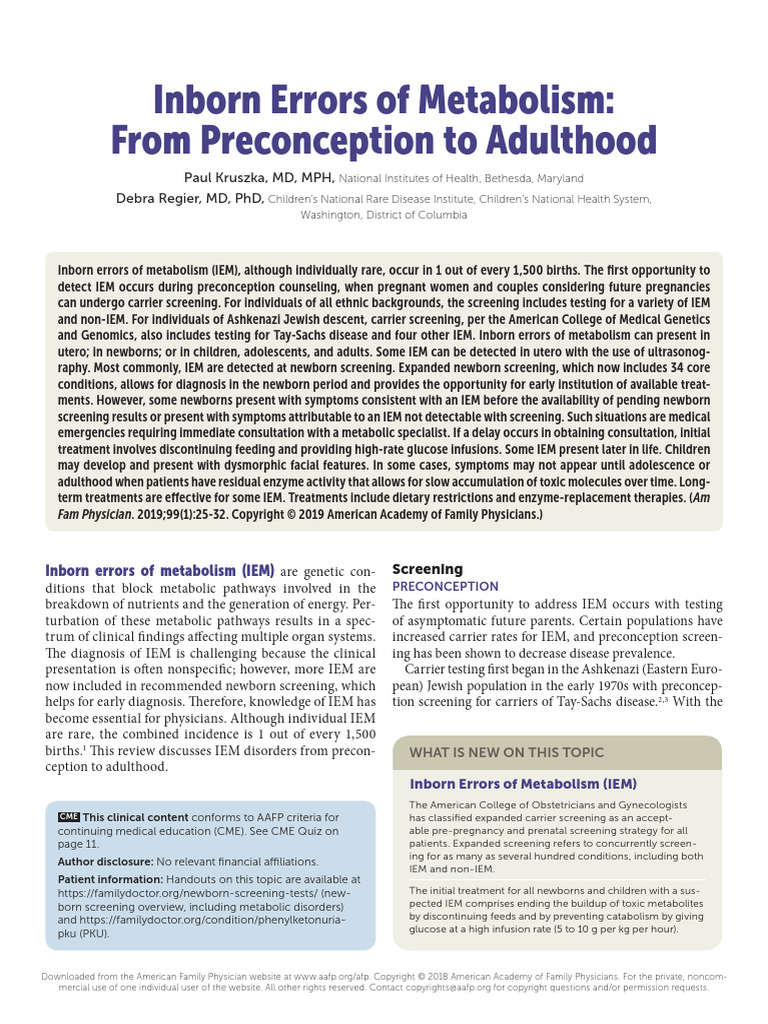 Inborn Errors of Metabolism From Preconception To Adulthood Amer Fam ...