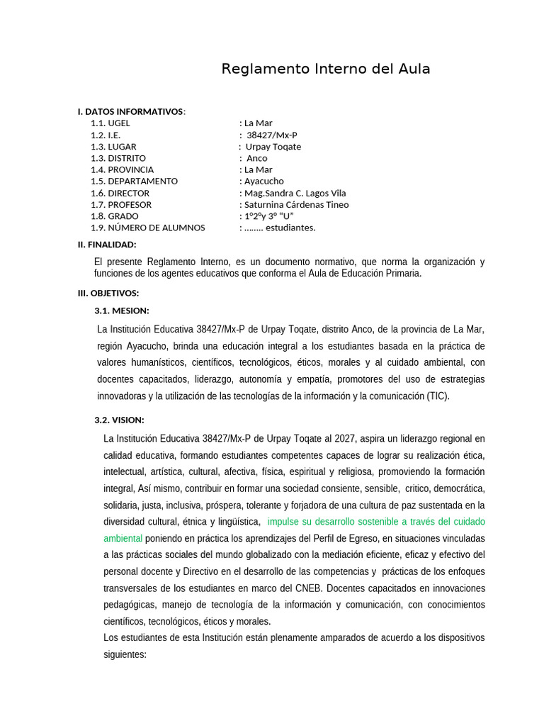 Reglamento Interno del Aula Escolar | PDF | Salón de clases | Maestros