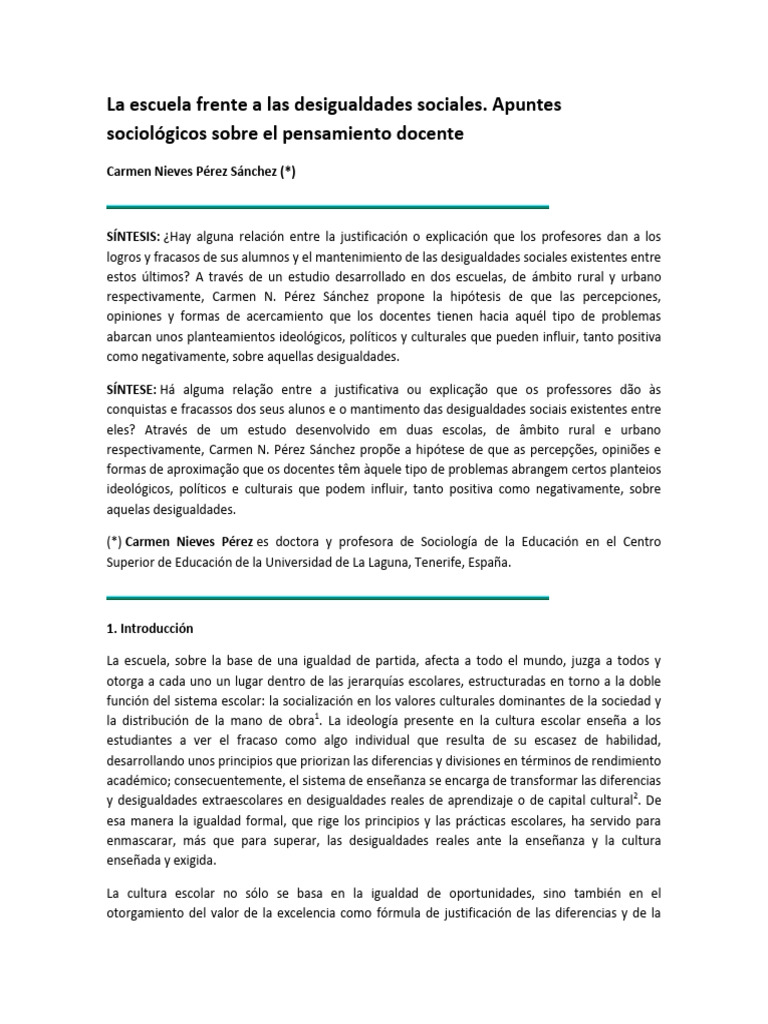 La Escuela Frente A Las Desigualdades Sociales. Apuntes Sociológicos ...