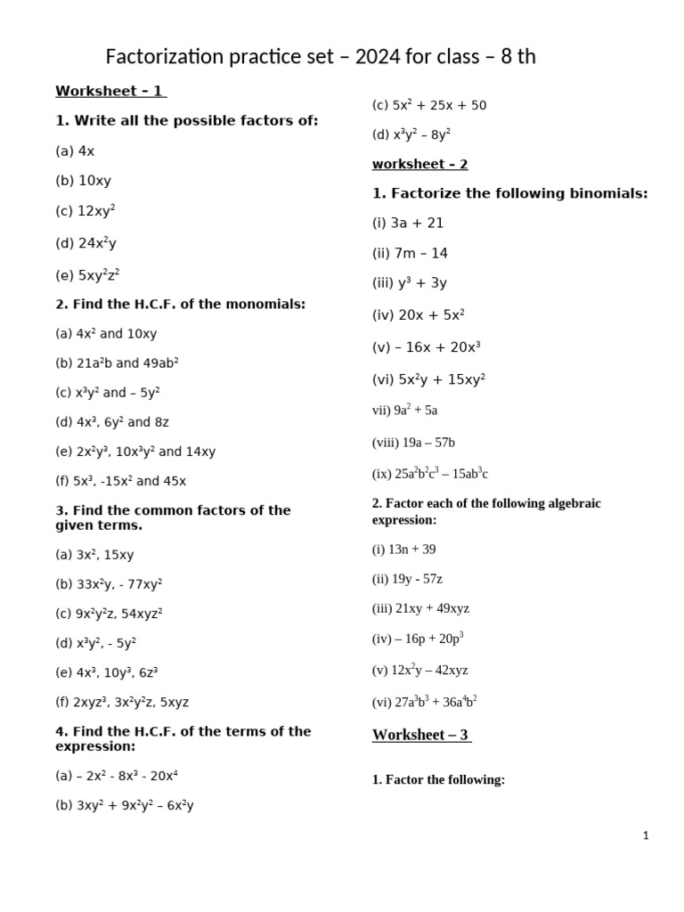 Worksheet FACTORISATION CLASS 8 TH MATH ONLY MATH PDF Factorization