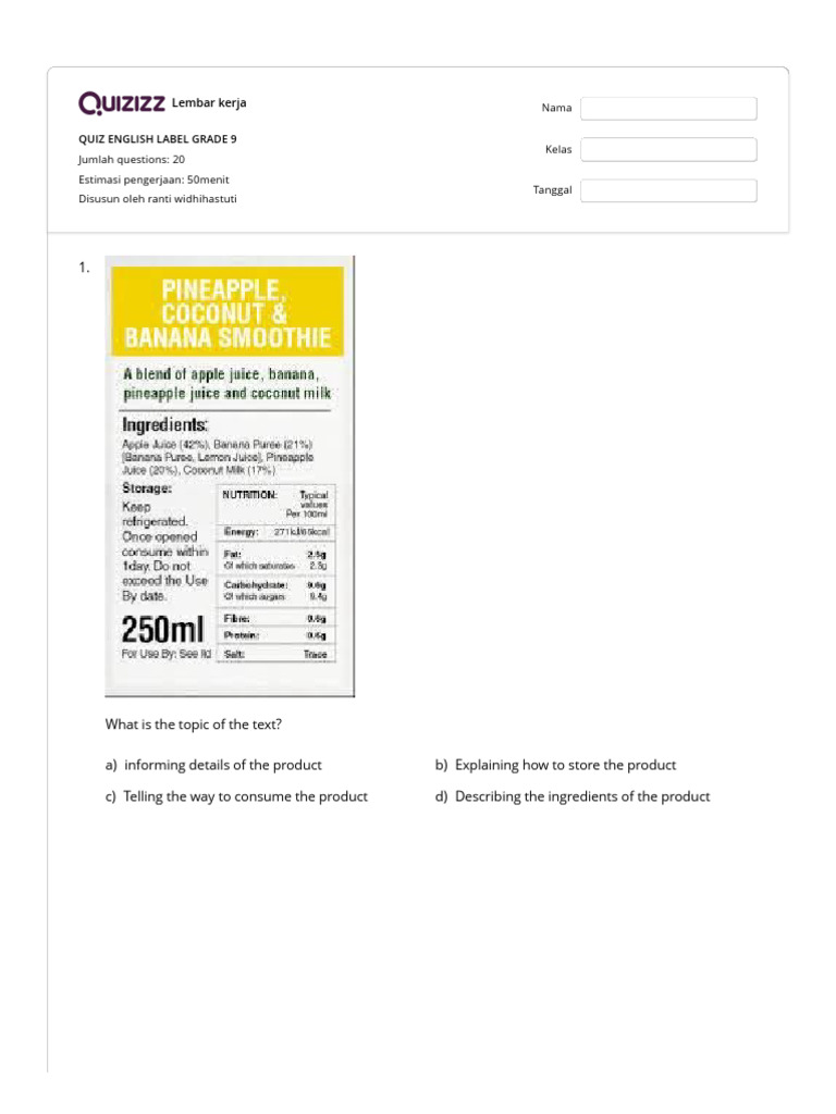 Quiz on Grade 9 Label Texts | PDF | Fat | Foods