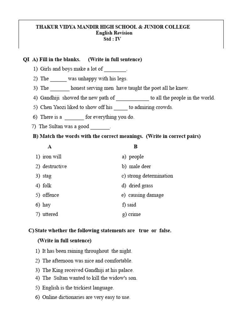 Std 4 English Revision Guide | PDF | Noun | Adjective