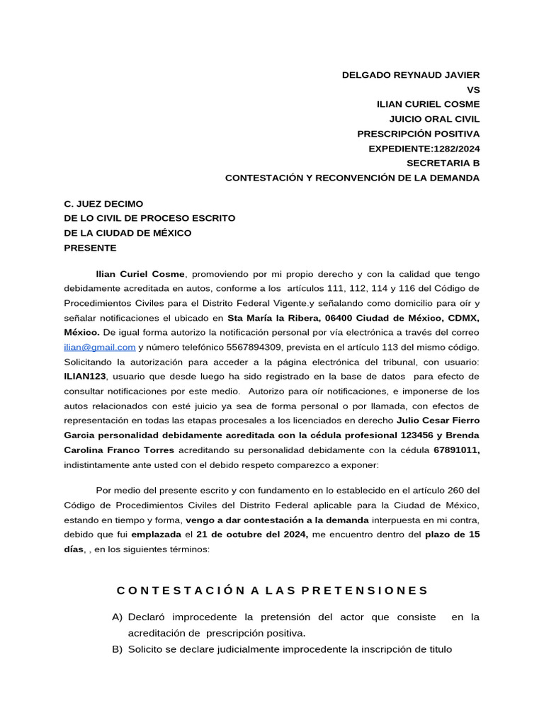 Contestación y Reconvención Civil 1282/2024 | PDF | Posesión (Ley ...