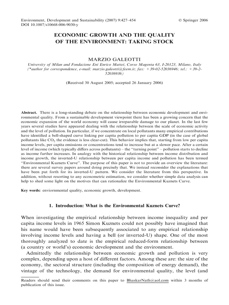 Economic Growth and The Quality of The Environment: Taking Stock | PDF ...