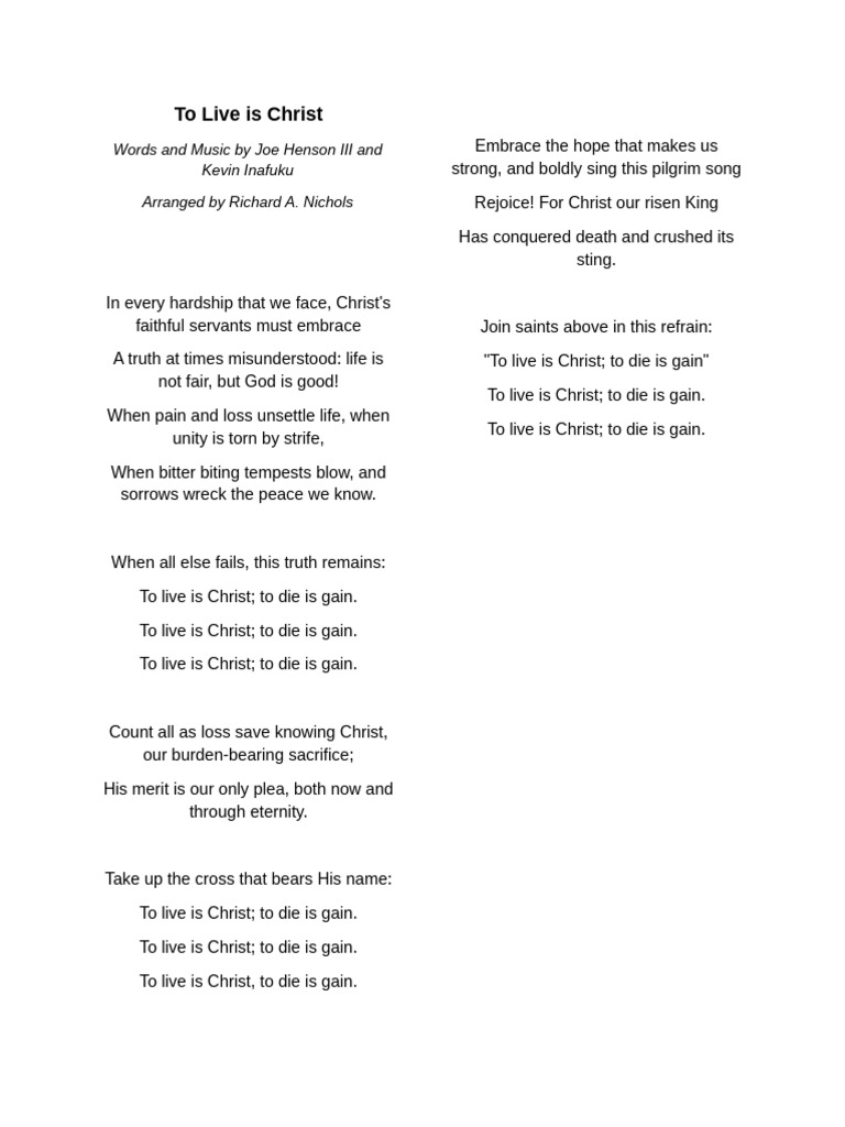 To live is christ lyrics pdf