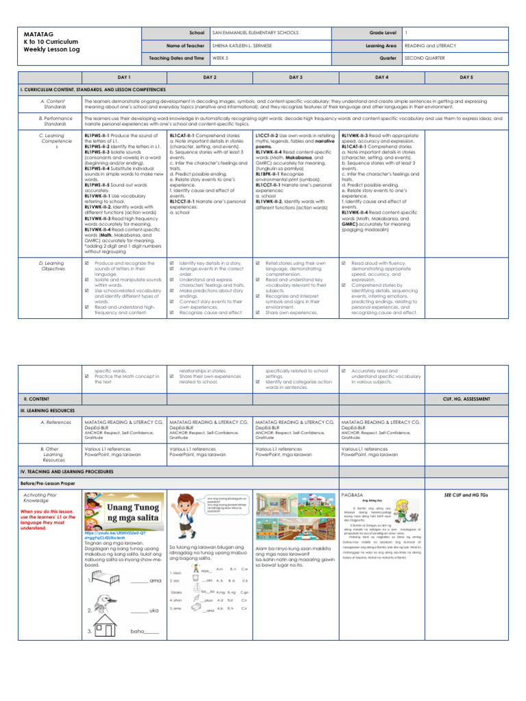 Grade 1 Reading Plan: Week 5 | PDF | Behavior Modification | Cognitive ...