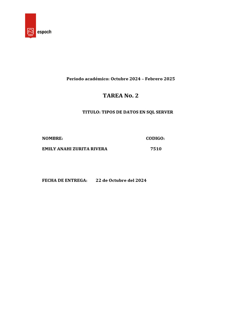 Tipos de Datos en SQL Server - Emily Zurita | PDF | Servidor SQL de ...