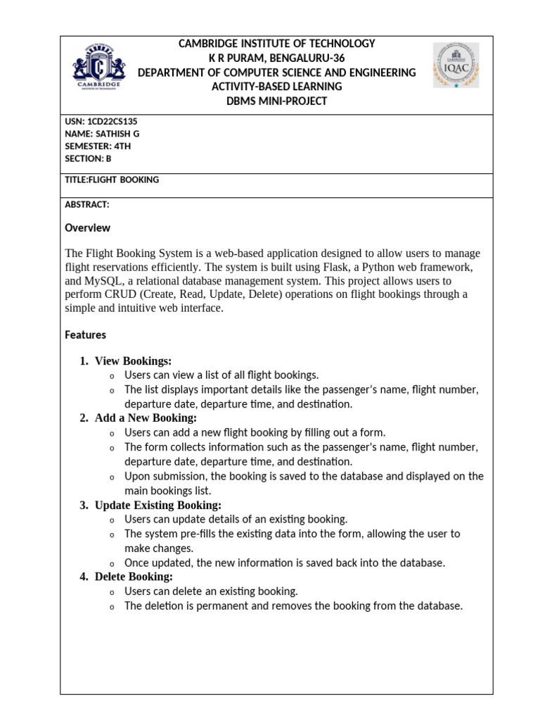 Flight Booking System Project Overview | PDF