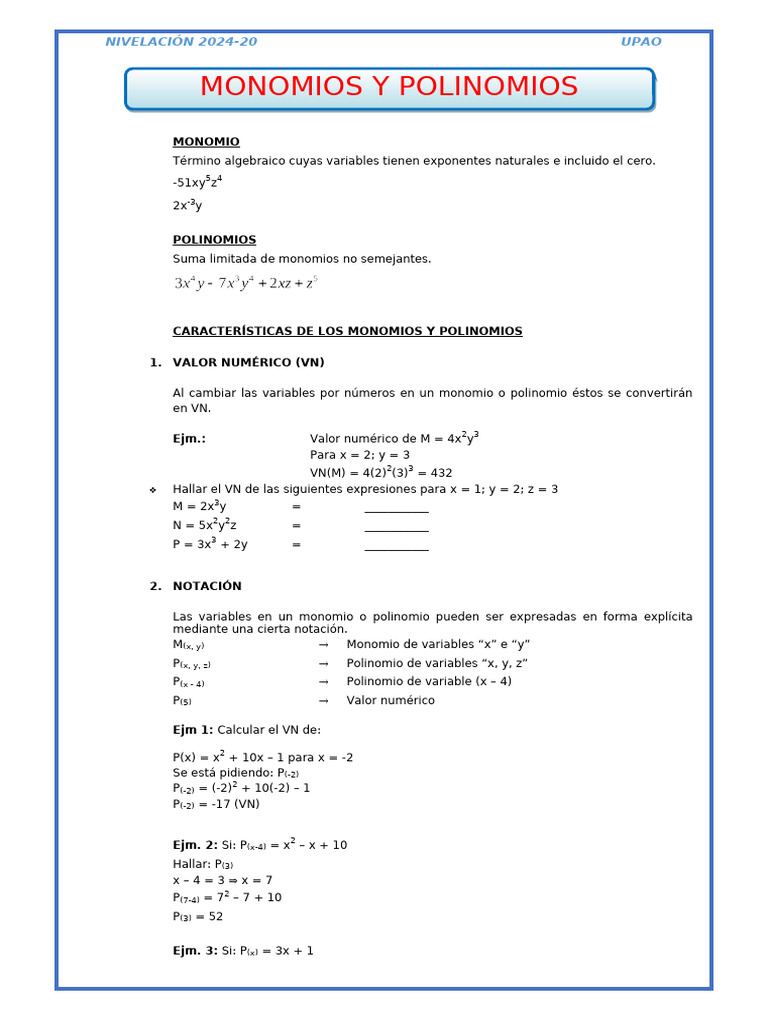 3. Monomios y polinomios | PDF | Análisis matemático | Matemática Elemental