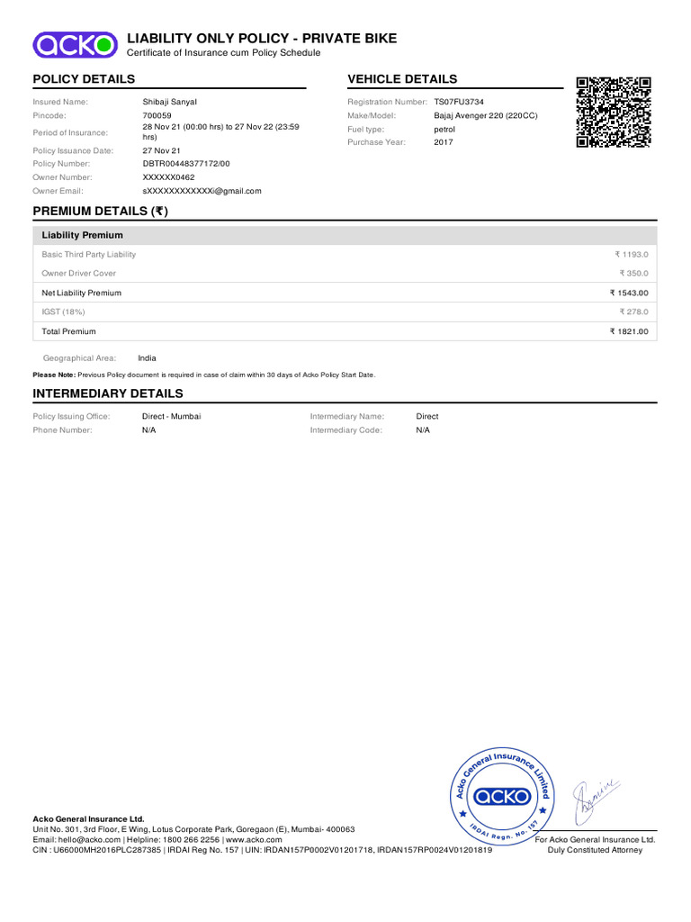 Liability Only Policy - Private Bike: Policy Details Vehicle Details ...