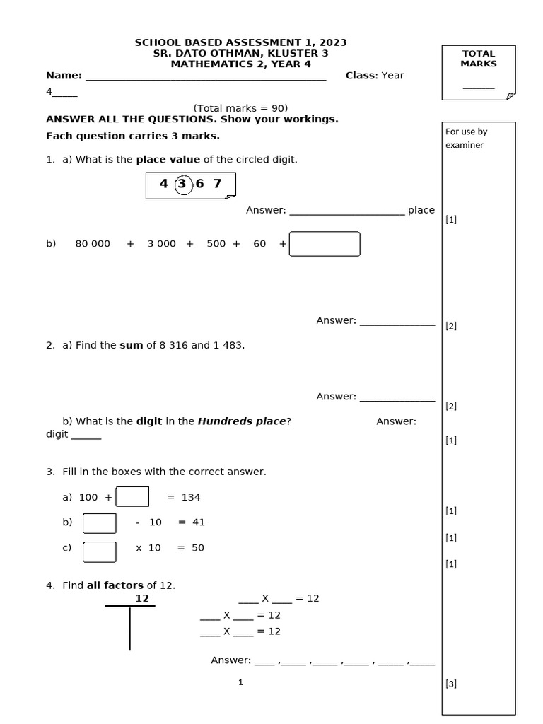Year 4 Mathematics Assessment 2023 | PDF | Mathematics