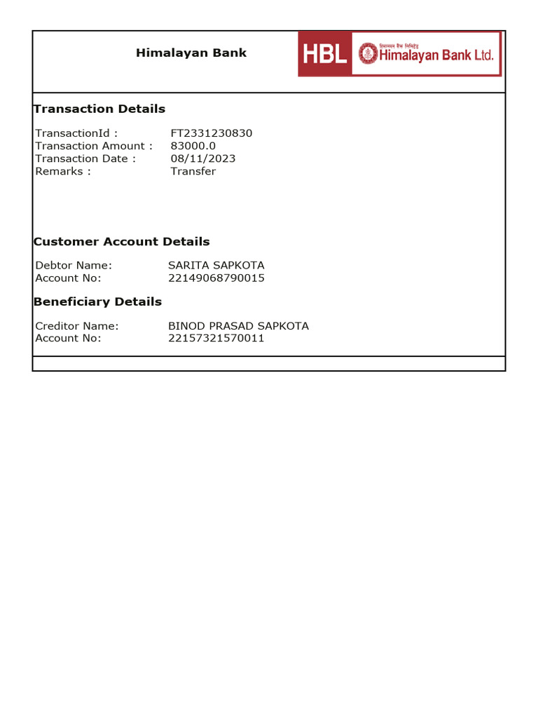 Himalayan Bank: Payment Transaction Details | PDF