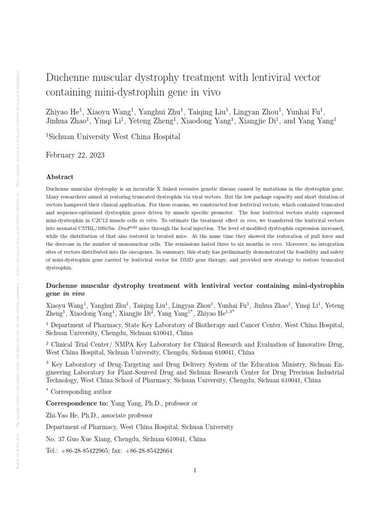 Duchenne Muscular Dystrophy Treatment With Lentiviral Vector | PDF ...