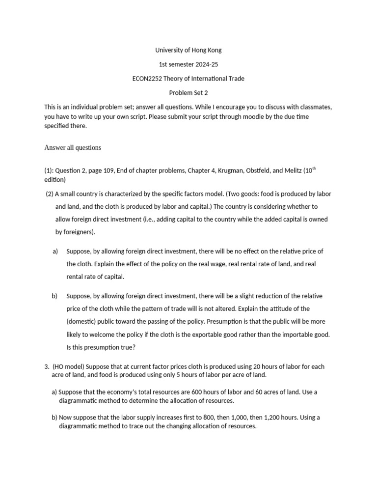 ECON2252 International Trade Problem Set | PDF | Finance & Money ...