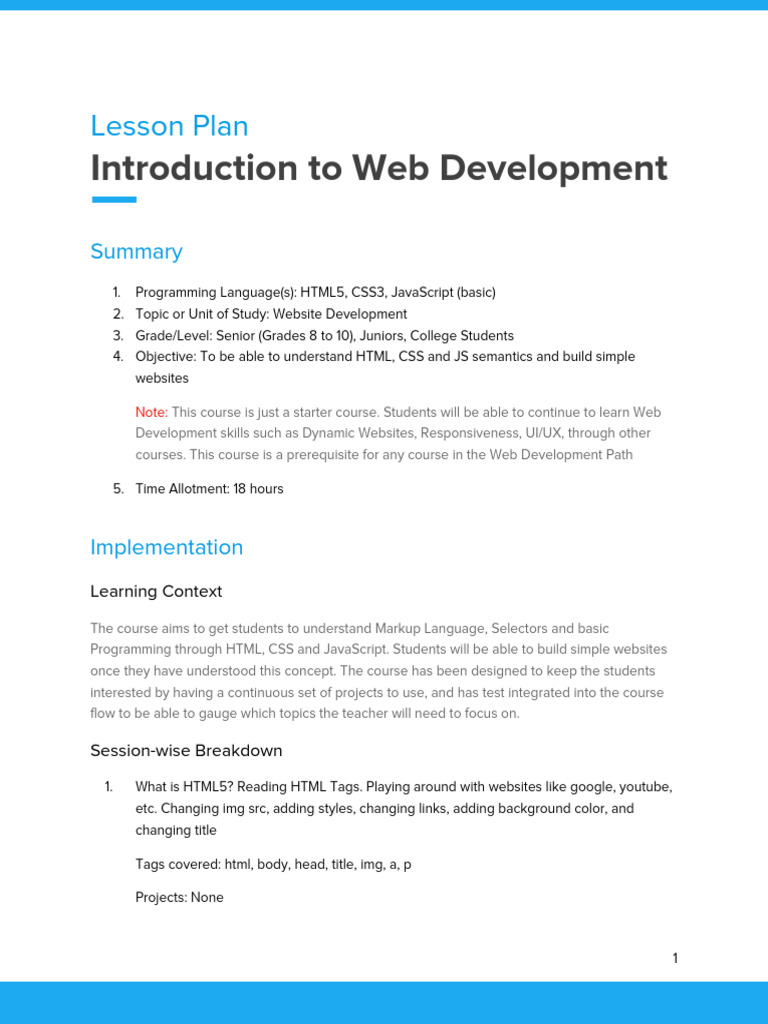Introduction to Web Development- 15 Sessions | PDF | Html Element | Html