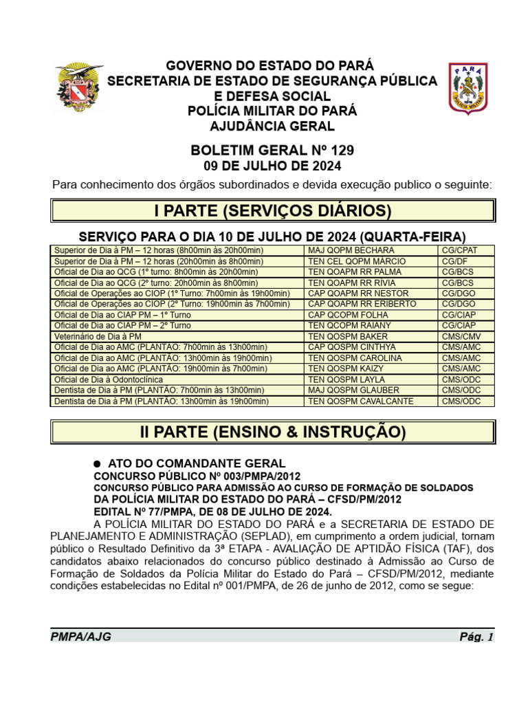BG N 129 de 09 JUL 2024 | PDF | Pós-graduação | Hipismo