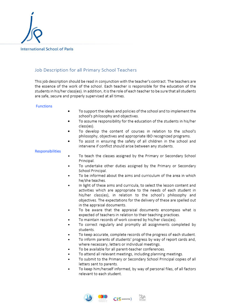 Primary School Teacher Job Description | PDF | Teachers | Curriculum