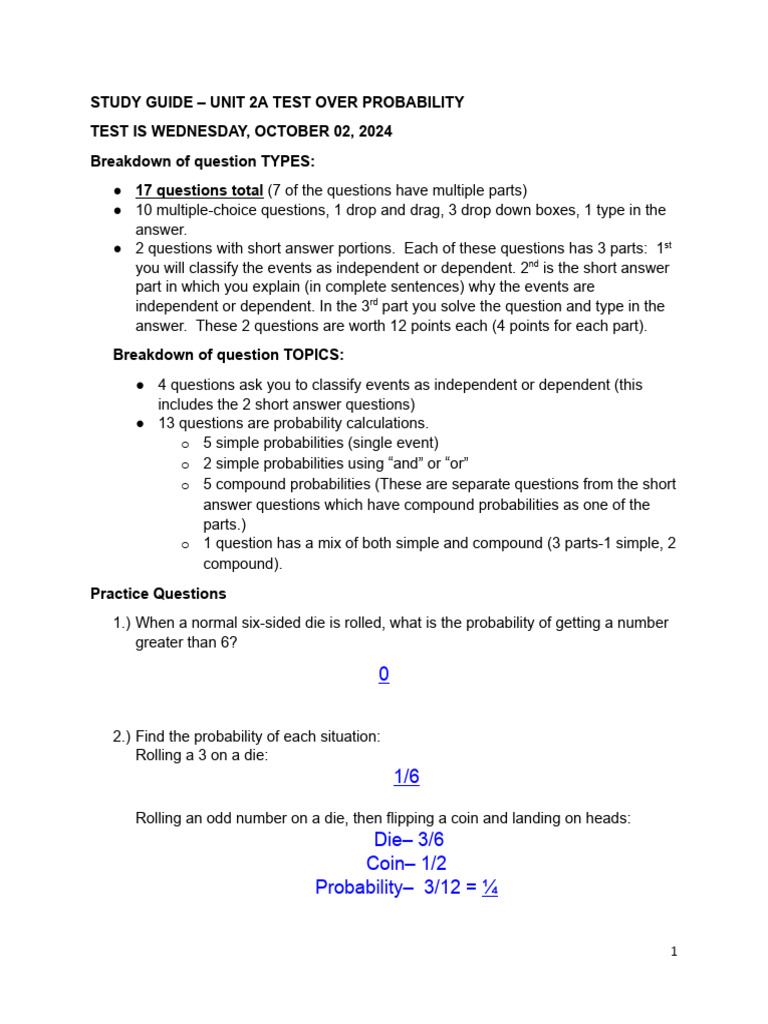 Probability Test Study Guide | PDF | Odds