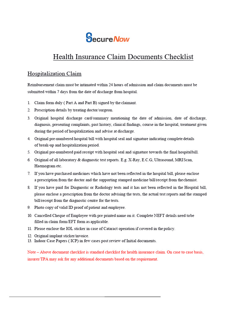 Health Insurance Claim Document Checklist | PDF | Hospital | Medical ...