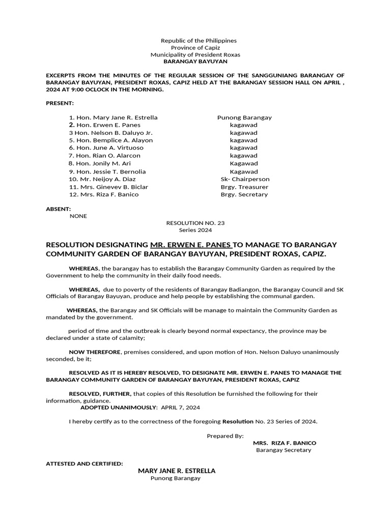 Barangay Bayuyan Community Garden Resolutions | PDF