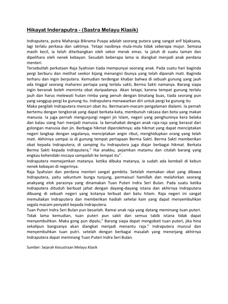 Sastra Melayu Klasik Hikayat Inderaputra (Sastra Melayu