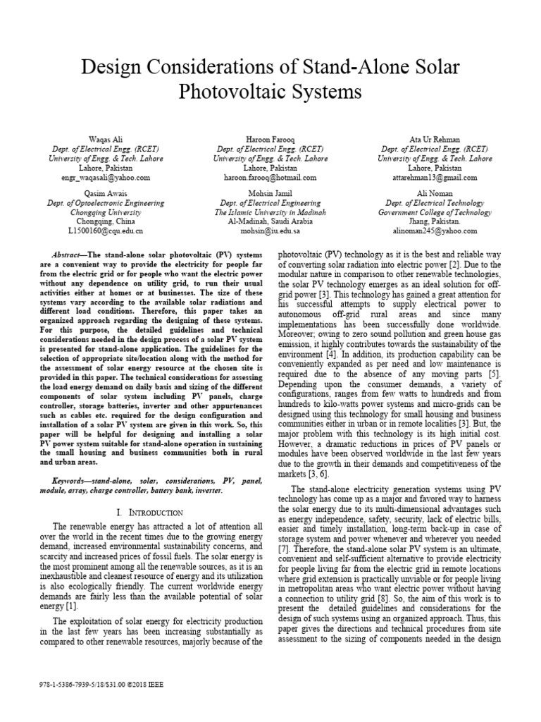 Design Guidelines for Stand-Alone Solar PV Systems | PDF | Photovoltaic ...