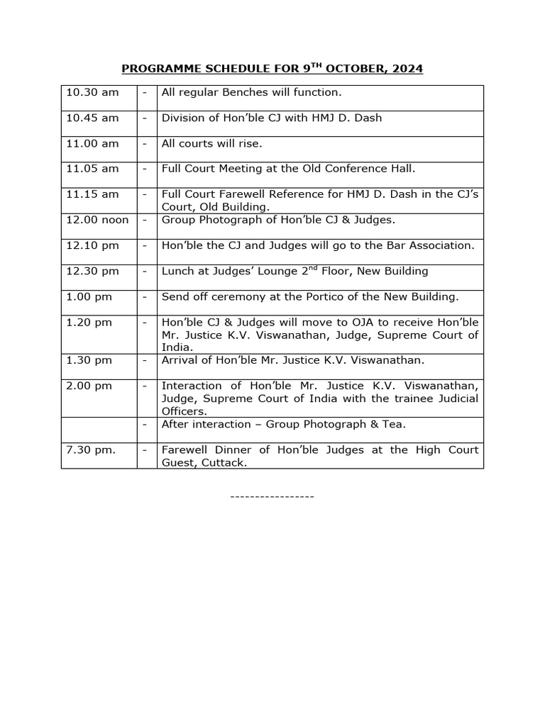 Programme Schedule For 9TH October 2024 | PDF