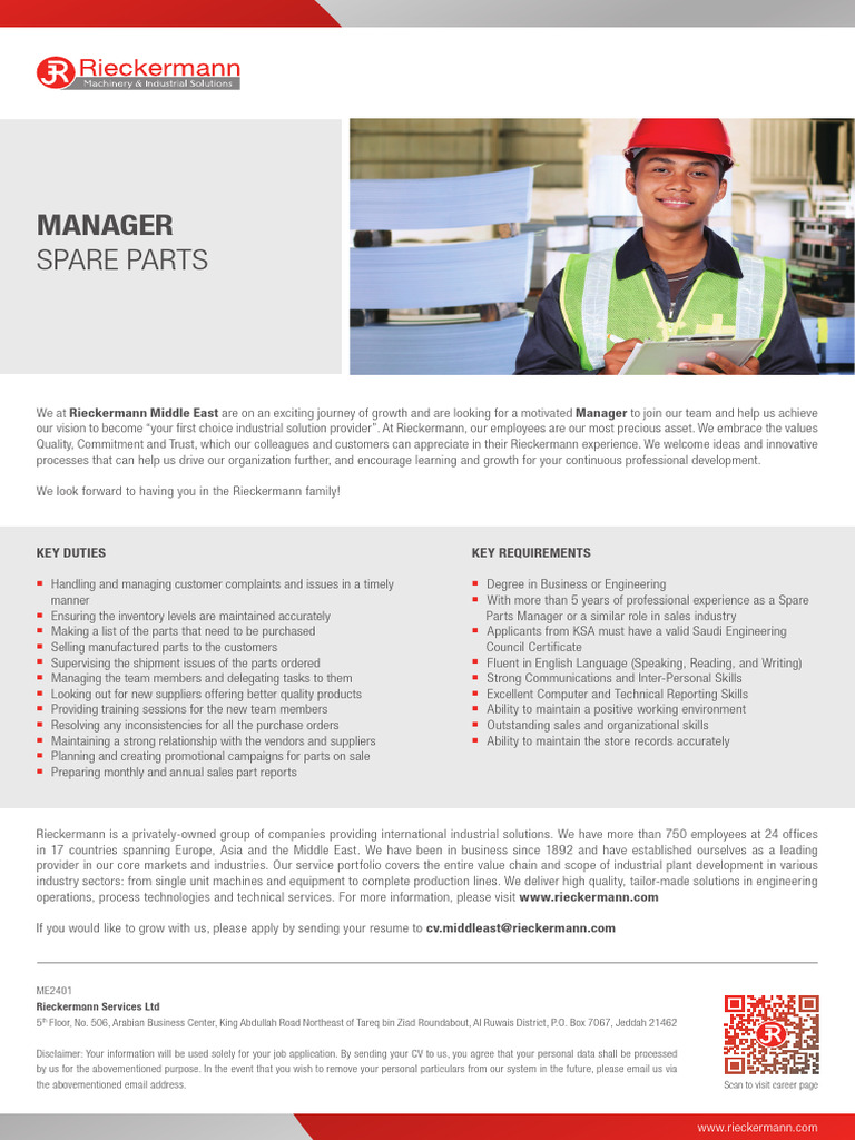 Spare Parts Manager Job Opening at Rieckermann | PDF | Sales | Customer
