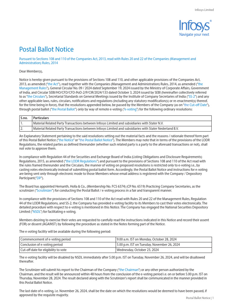 Infosys Postal Ballot Notice 2024 | PDF | Electronic Voting | Login