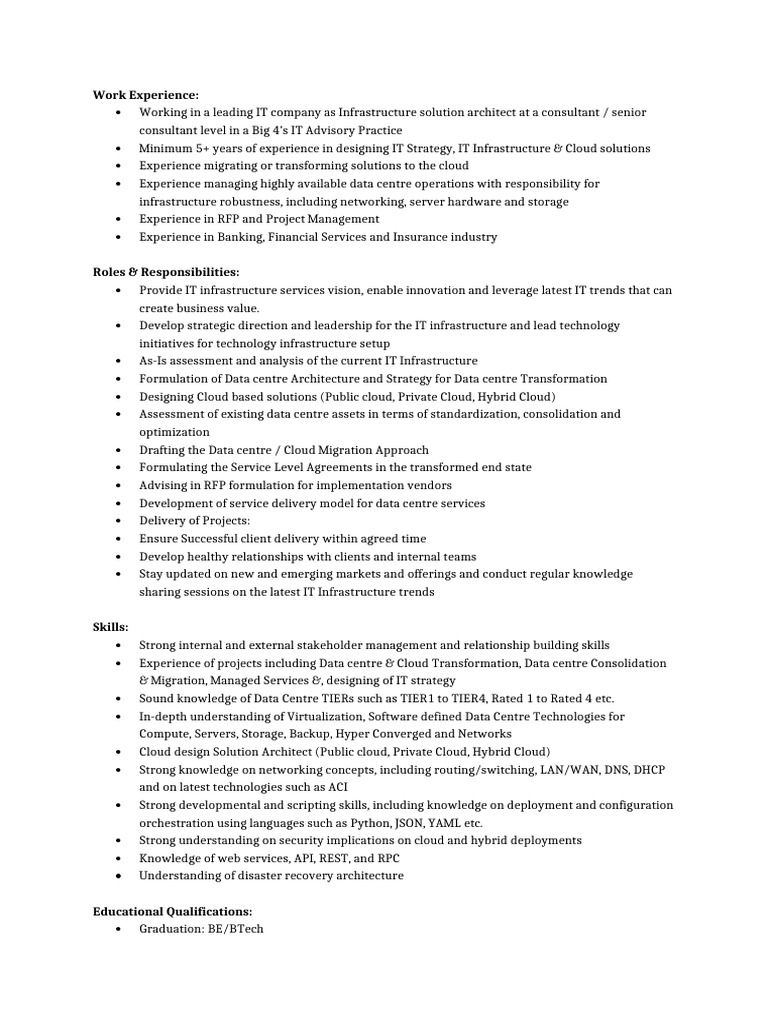 Infrastructure Solutions Architect Profile | PDF | Cloud Computing ...
